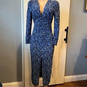 Zara XS pencil blue floral dress front slit ruched midi maxi